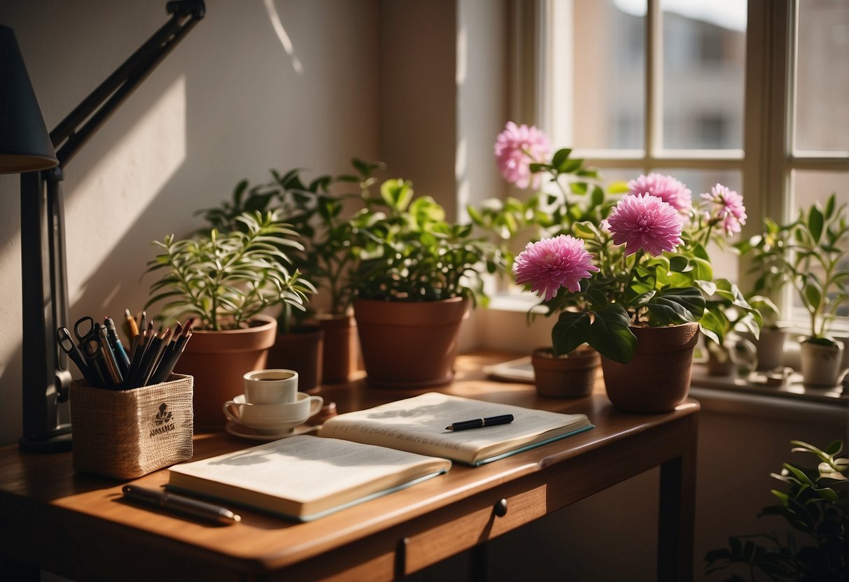 A cozy study with a sunlit window, a desk adorned with colorful pens and a journal, surrounded by blooming potted plants and inspiring quotes on the wall