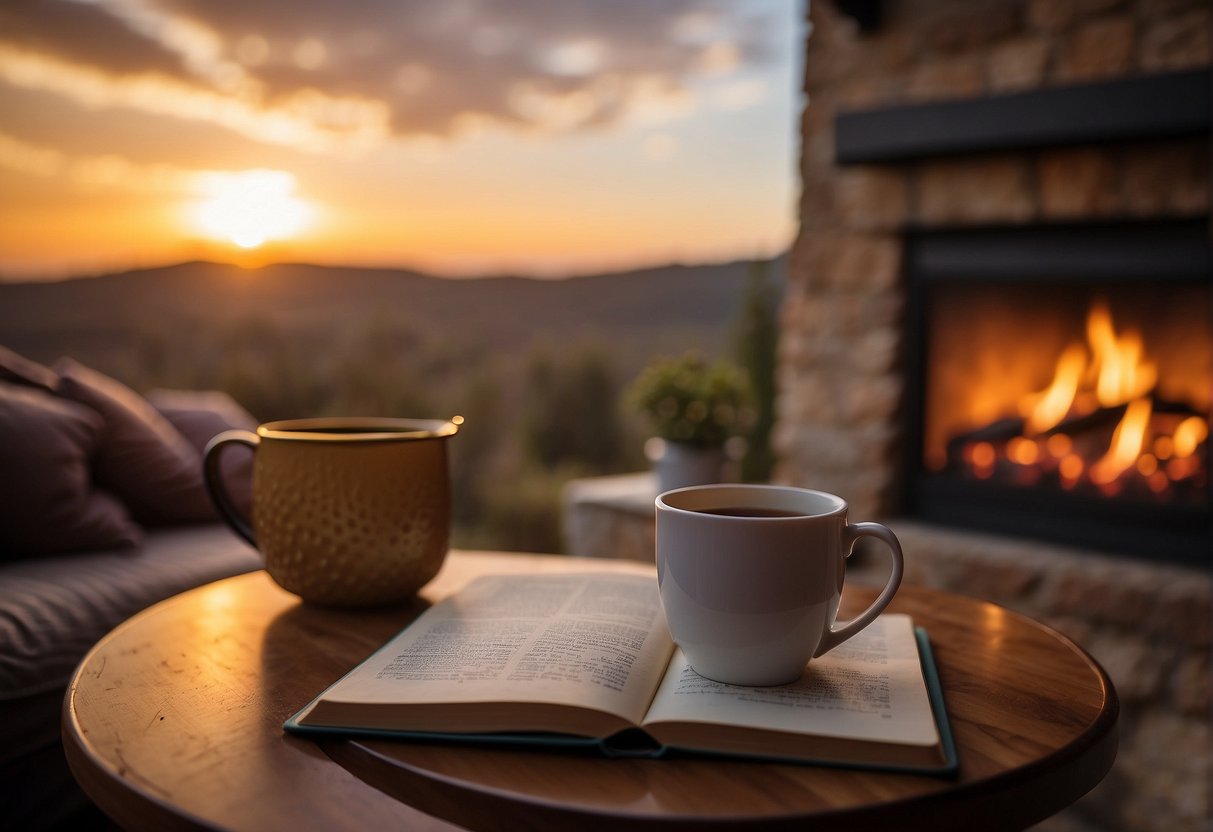 A cozy living room with a warm fireplace, a comfy armchair, and a table with a cup of tea and a journal. Outside, a beautiful sunset paints the sky with vibrant colors