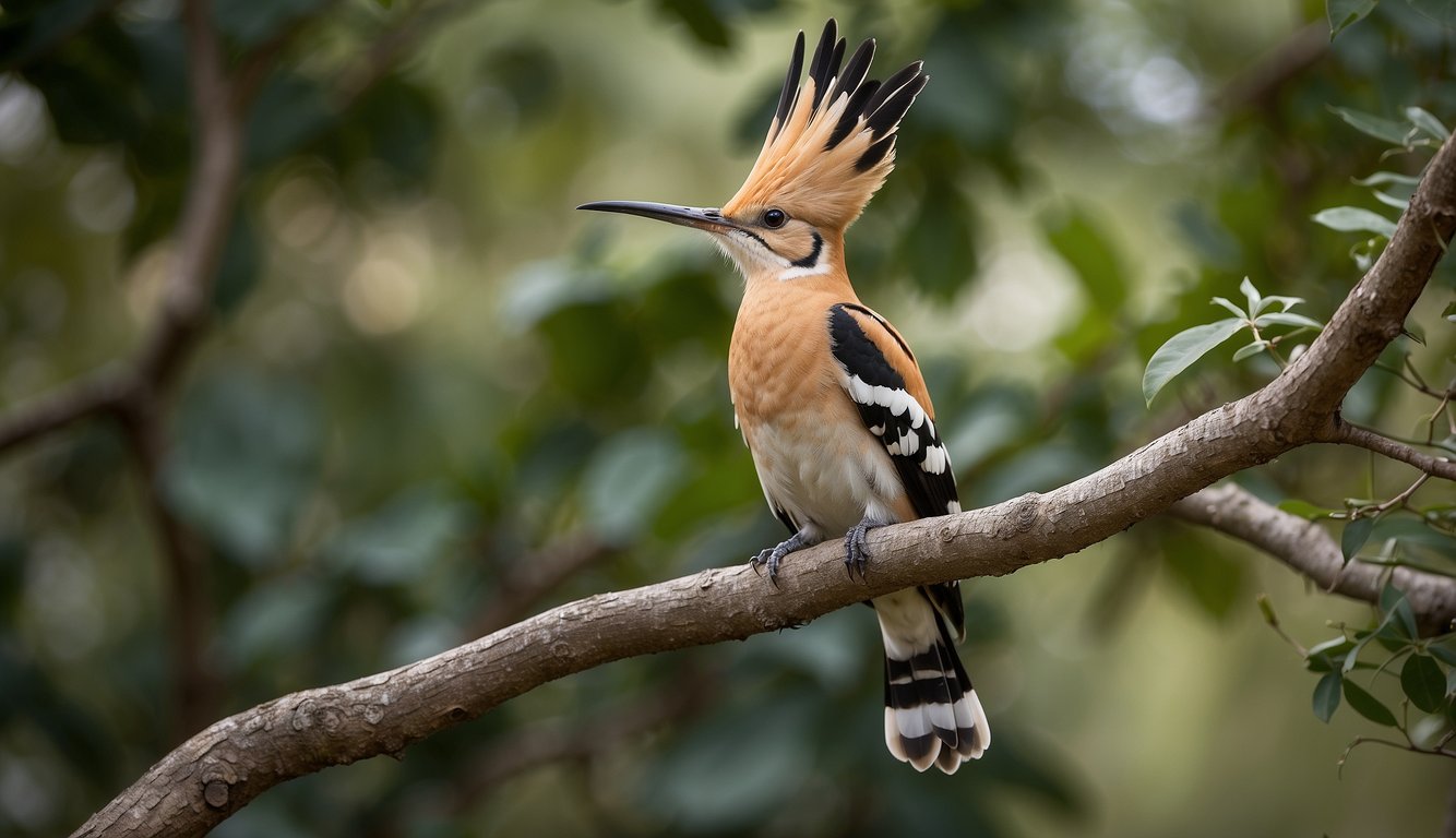A hoopoe perched on a branch, its distinct crown of feathers on display.

Surrounding flora and fauna suggest a natural, outdoor setting