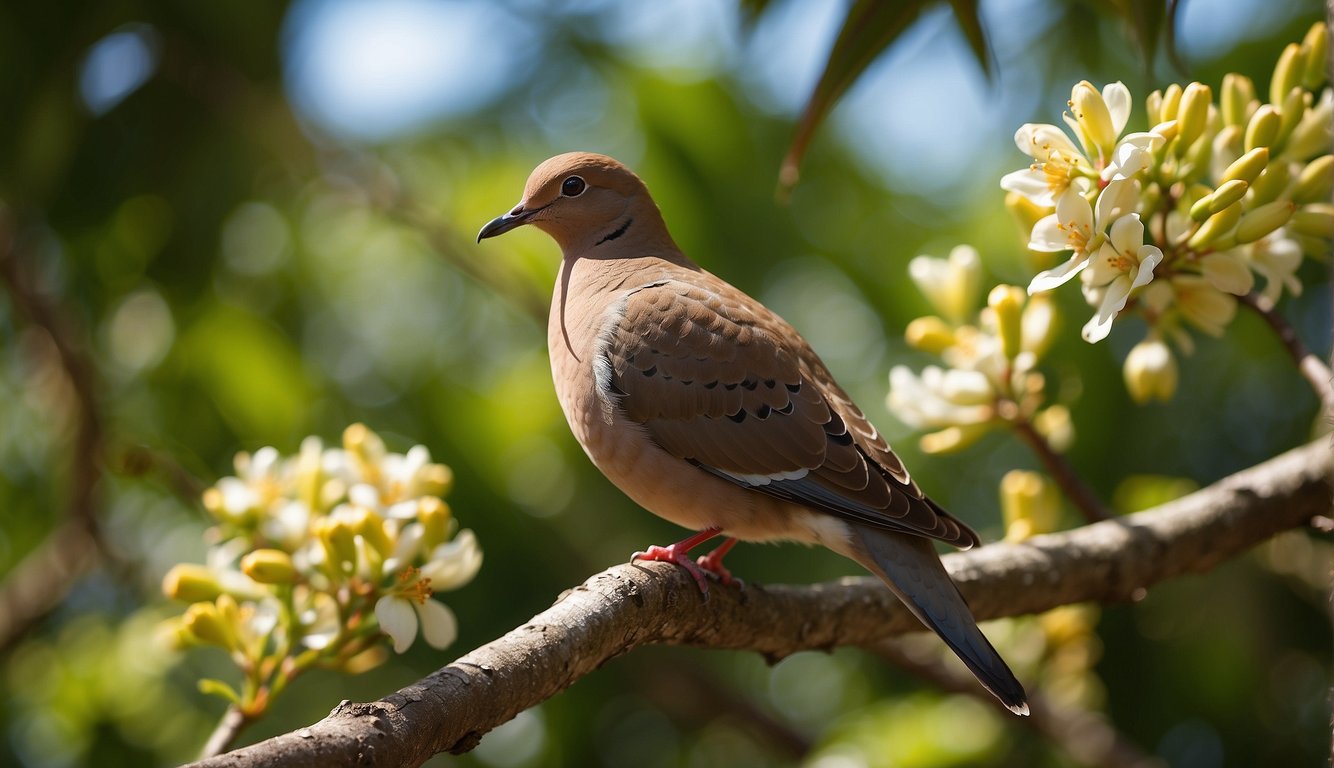A Zenaida Dove perched on a lush, flowering branch, surrounded by tropical foliage and a peaceful, sunny Caribbean landscape