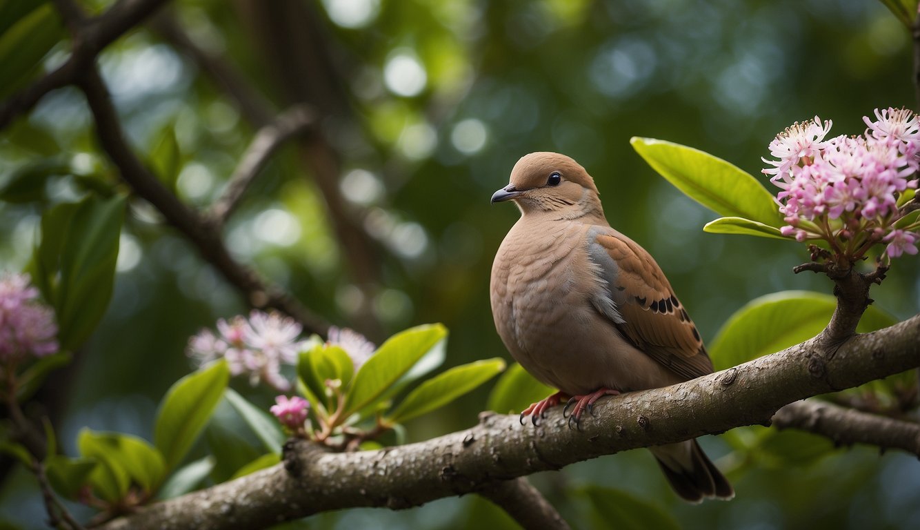 A Zenaida Dove perched on a flowering branch, surrounded by lush tropical vegetation, with a serene expression, symbolizing peace and love in the Caribbean