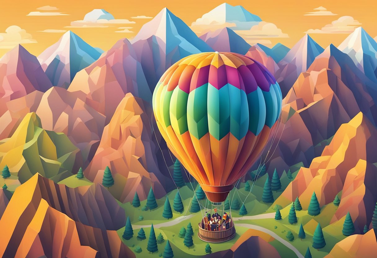 A colorful hot air balloon soaring above a mountain range with the sun setting in the background