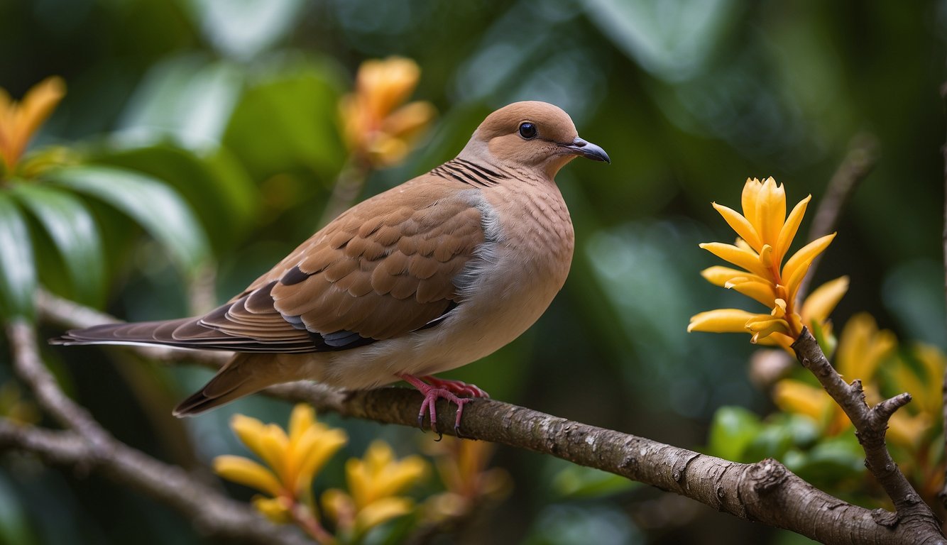 A Zenaida Dove perches on a branch, surrounded by vibrant tropical flora.

Its gentle gaze and peaceful demeanor embody the spirit of tranquility and love in Caribbean cultures