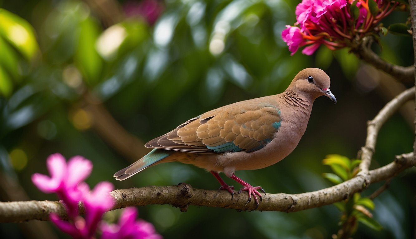 The Zenaida Dove perched on a branch, surrounded by vibrant tropical flowers and lush green foliage.

The sun shining brightly in the background, casting a warm glow on the peaceful scene