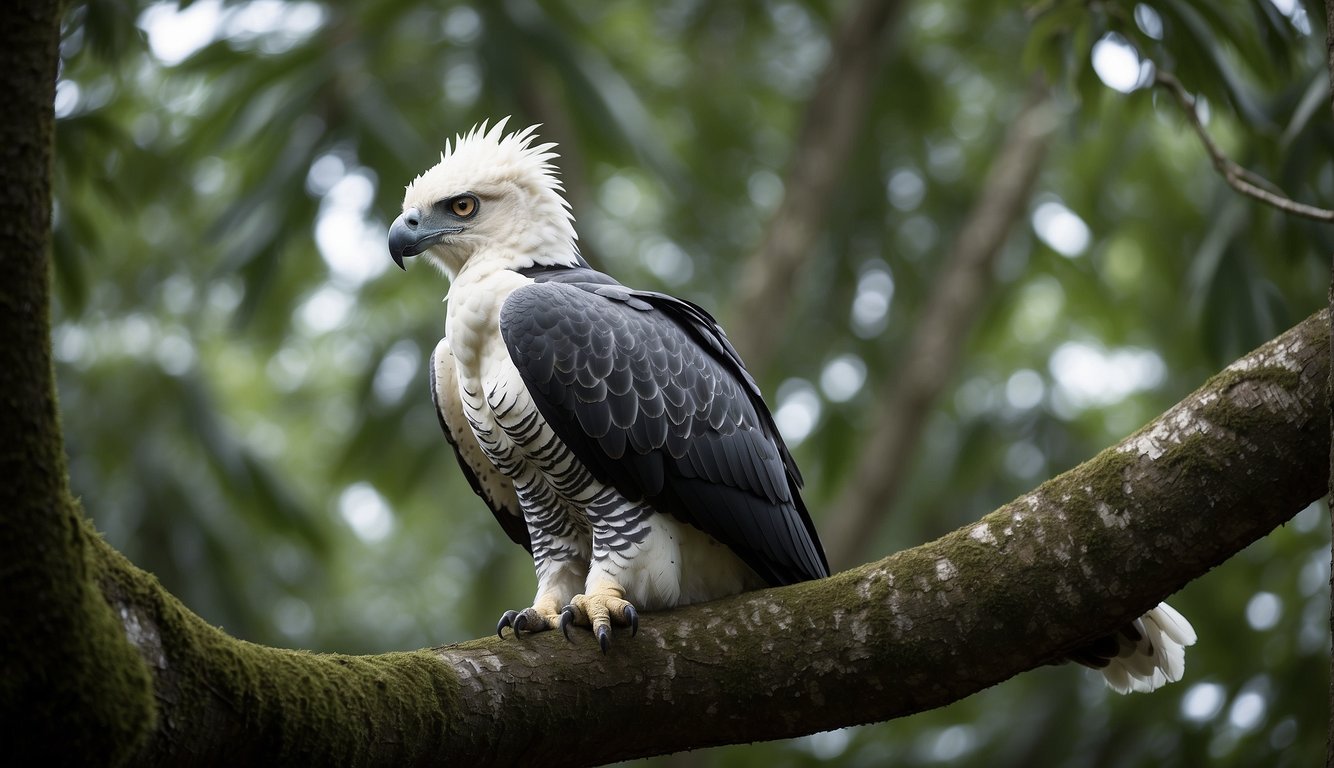 A majestic Harpy Eagle perches on a towering tree branch, its powerful talons gripping the bark as it surveys the lush rainforest canopy below