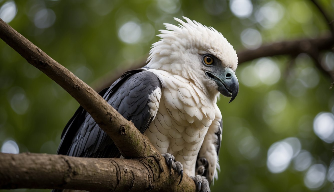 A Harpy eagle perches on a tall tree branch, scanning the rainforest canopy for prey.

Its powerful talons and keen eyes make it a master hunter in its natural habitat