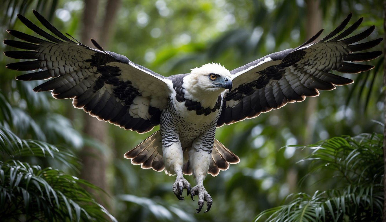 The Harpy Eagle perches majestically in the rainforest canopy, its piercing eyes scanning the lush greenery below.

Its massive wings are spread wide, showcasing its impressive size and power