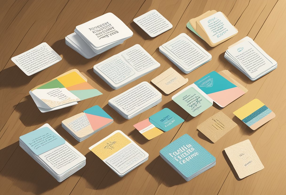 A collection of quote cards scattered on a wooden table, each with a different relatable quote written in elegant script