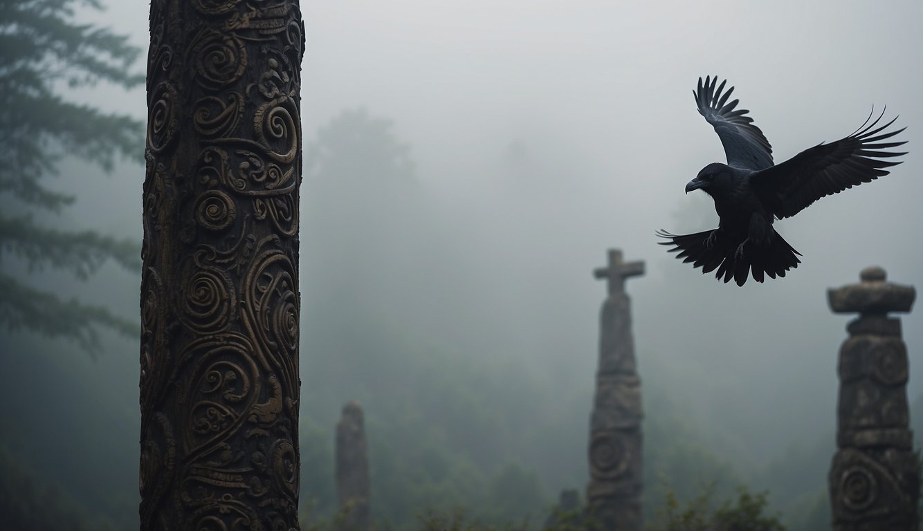 A raven perched on a weathered totem pole, surrounded by swirling mist and ancient symbols.

The bird's dark feathers stand out against the muted background, conveying a sense of mystery and reverence