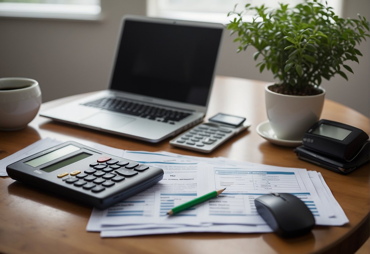 A table with a laptop, calculator, and budgeting spreadsheets. A plant sits nearby, symbolizing growth and sustainability. A stack of bills and receipts is organized neatly, indicating financial responsibility