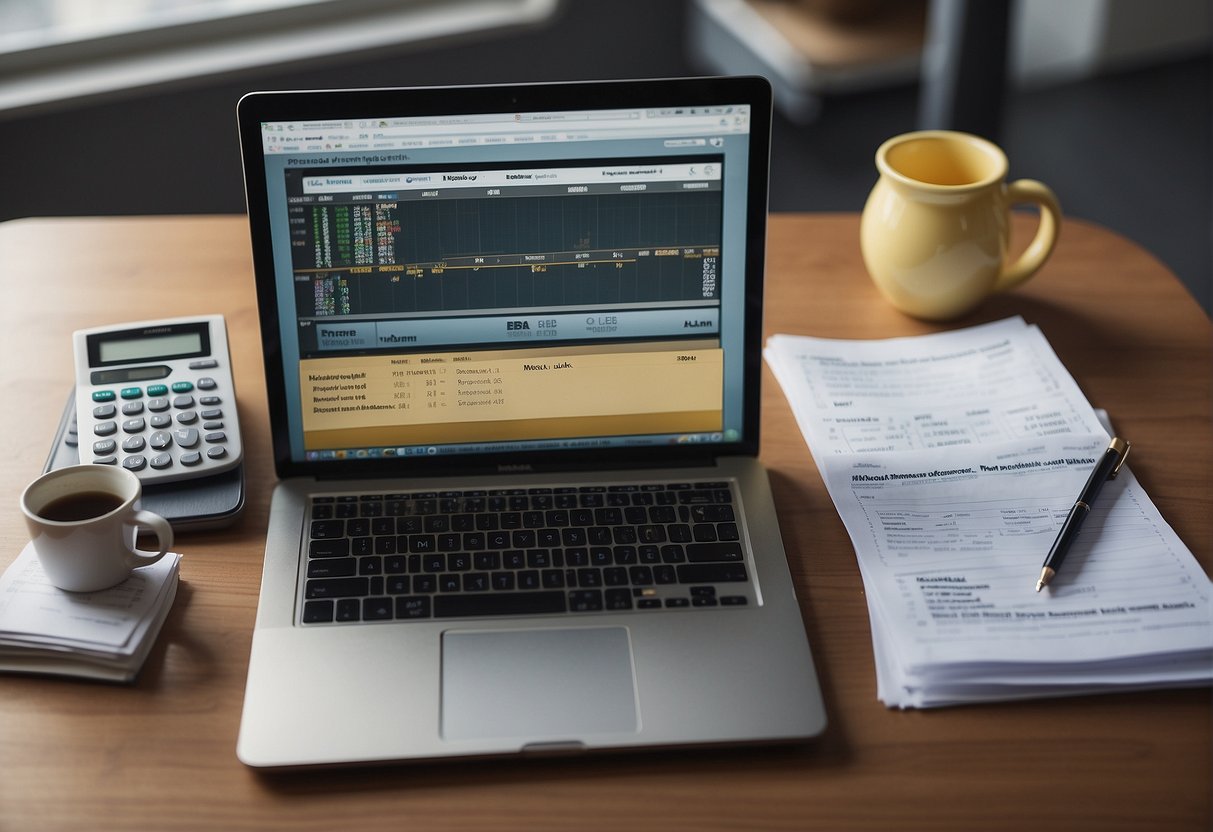 A desk with a laptop, calculator, and budgeting spreadsheets. A stack of bills and a piggy bank symbolize financial responsibilities and savings