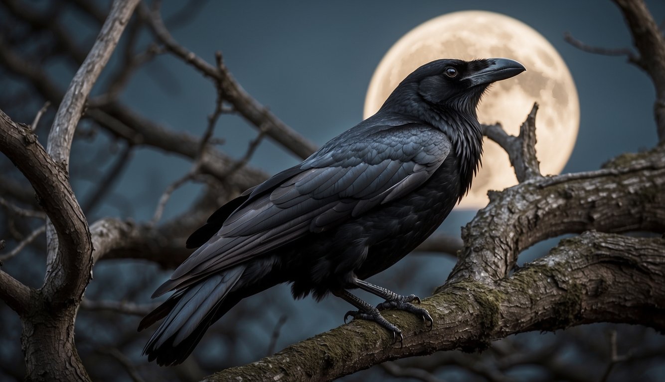 A raven perched on a gnarled tree branch, its glossy black feathers catching the light.

Behind it, a full moon rises, casting an ethereal glow