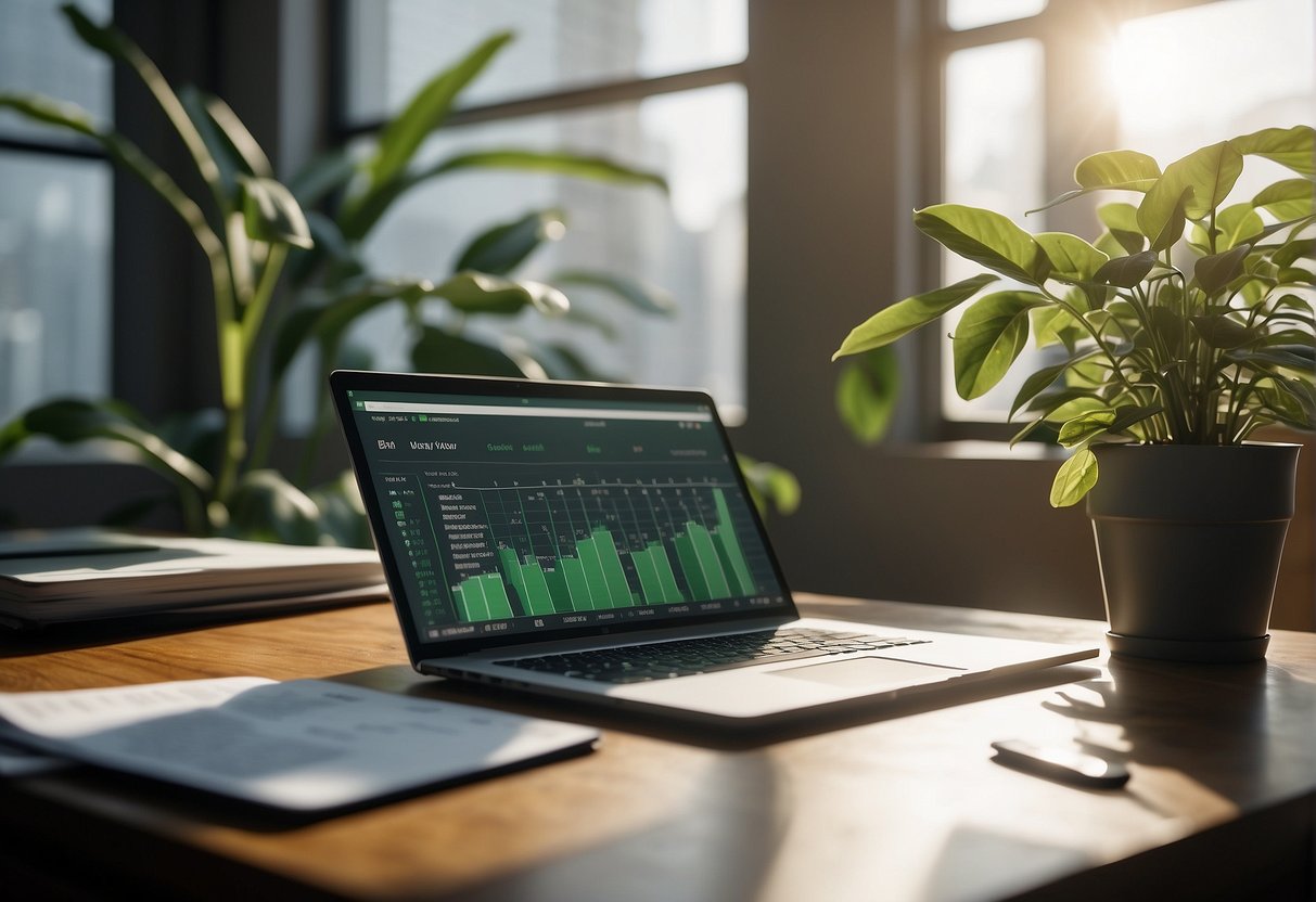 A desk with a laptop, calculator, and budgeting spreadsheets. A plant in the background. Light coming in from a window