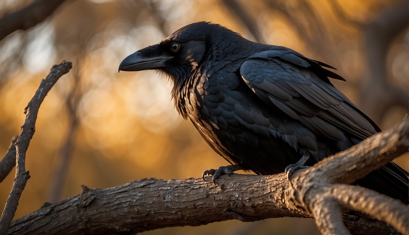 A raven perched on a gnarled tree, surrounded by ancient symbols and feathers.

The setting sun casts a warm glow, highlighting the bird's iridescent feathers