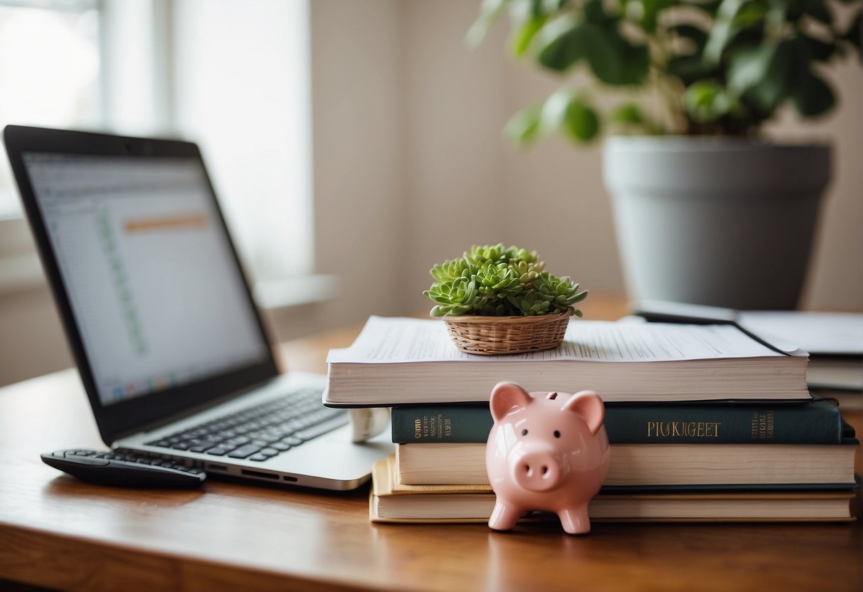 A stack of books on personal finance, a piggy bank, and a laptop displaying a budget spreadsheet. A plant sits on a desk next to a framed quote about financial success