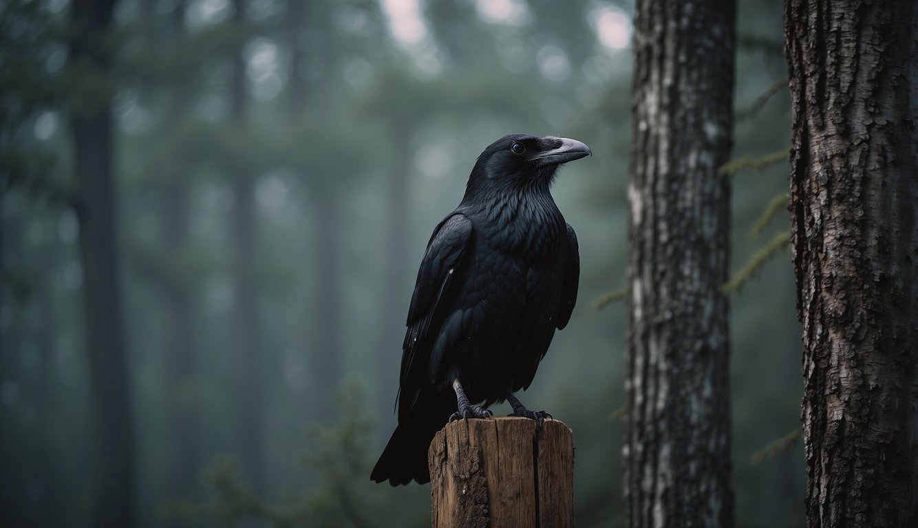A raven perched on a weathered totem pole, surrounded by symbols of nature and ancient artifacts.

The setting is a misty forest with hints of moonlight filtering through the trees
