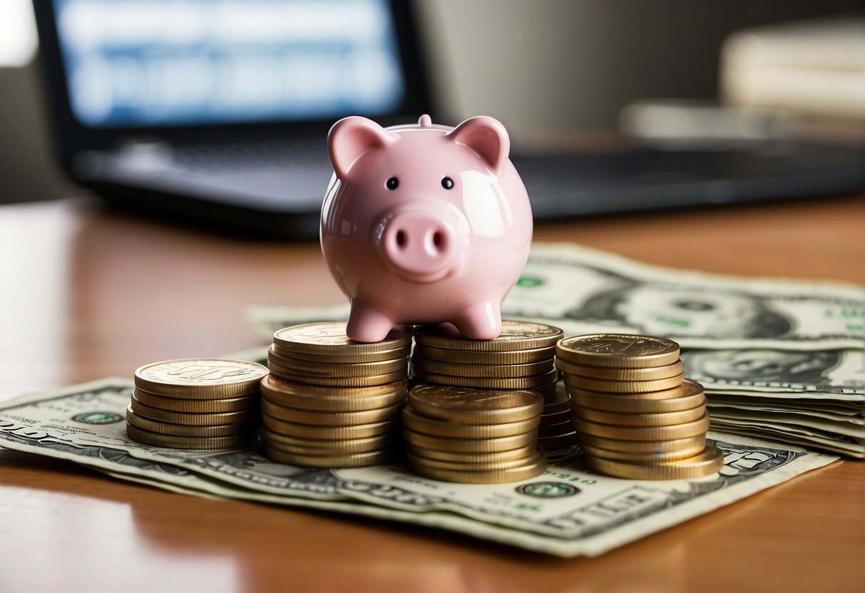 A stack of coins and dollar bills arranged neatly on a desk, alongside a chart showing investment growth over time. A piggy bank sits in the corner, with a dollar sign on its side