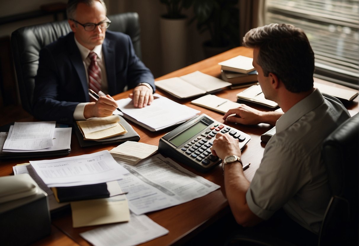 A person sitting at a desk, surrounded by bills and credit card statements. They are using a calculator and writing in a budget planner, looking determined and focused