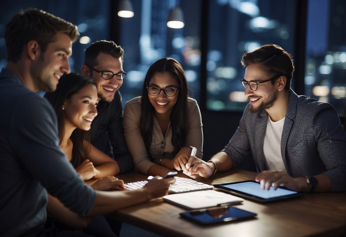 A diverse group of young adults managing finances, using technology and resources to overcome economic obstacles and make smart financial decisions