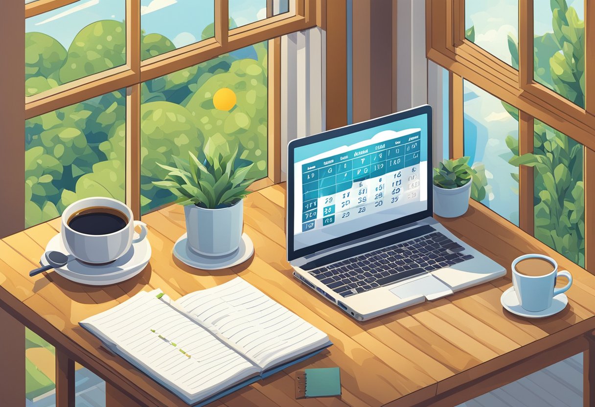 A table with a laptop, coffee mug, and open notebook. A window shows a sunny day. A calendar on the wall reads "June."