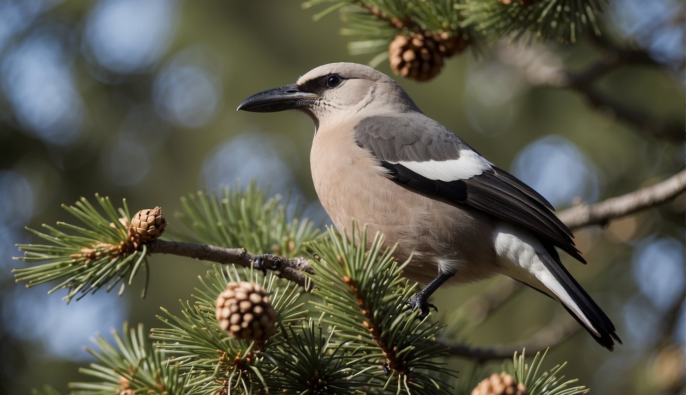 The Clark's Nutcracker perched on a pine branch, storing seeds in its expandable throat pouch.

Surrounding trees laden with cones