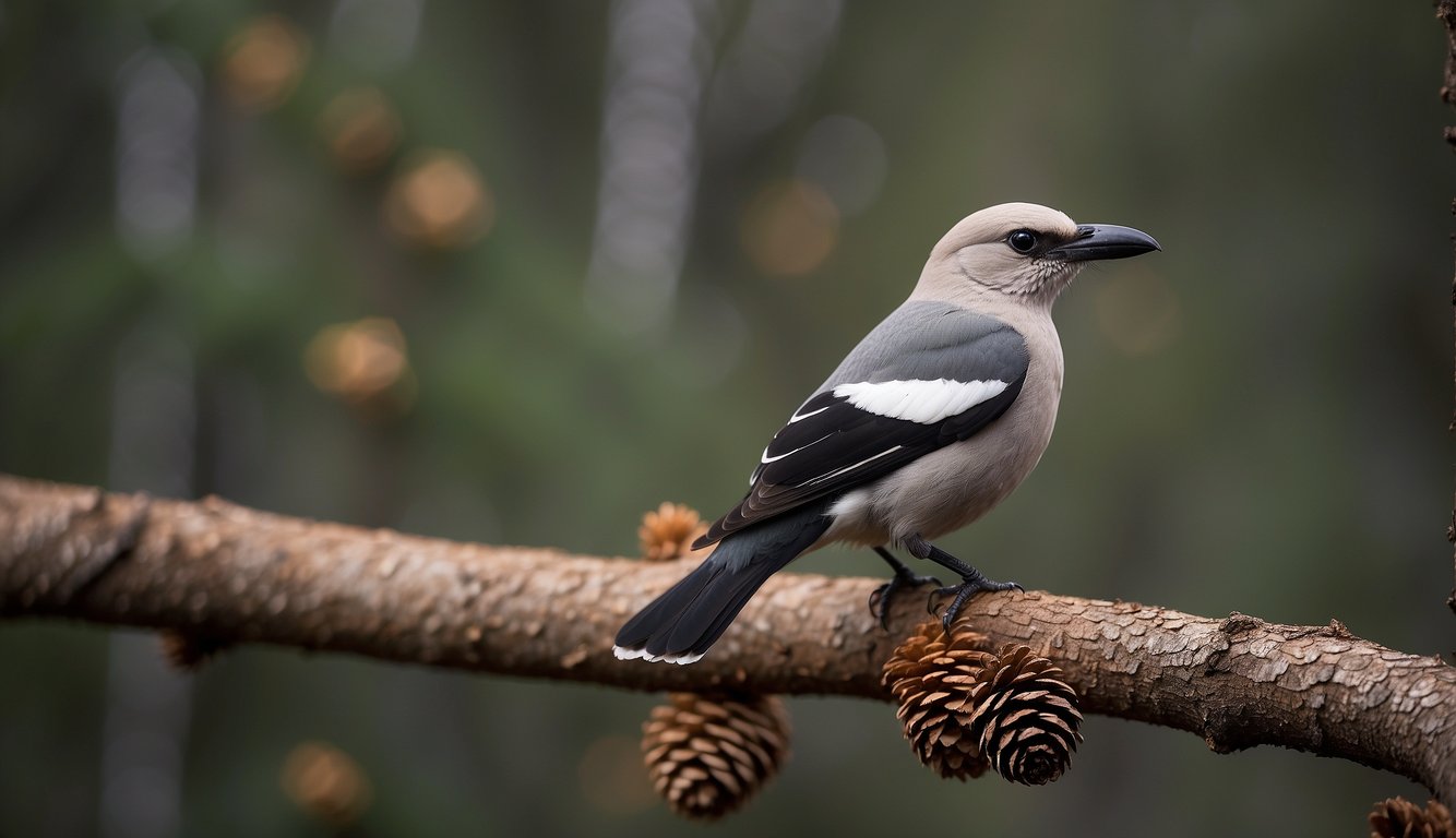 A Clark's nutcracker perched on a pine branch, surrounded by scattered pinecones.

Its beak holds a single seed as it surveys the forest, its remarkable memory guiding it to hidden stashes of food