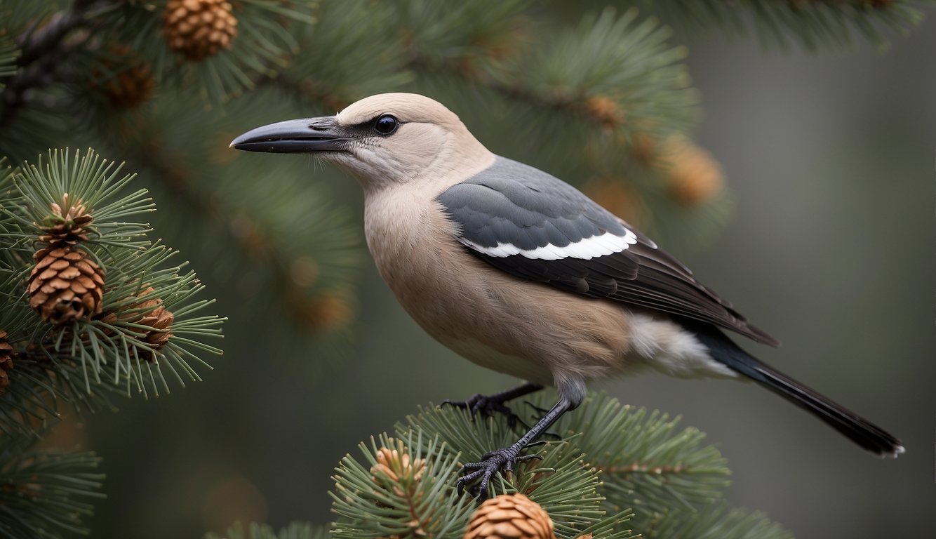 A Clark's Nutcracker perches on a whitebark pine, carefully storing seeds in its beak.

The majestic tree stands tall, its branches heavy with cones, as the bird diligently hoards nature's treasure