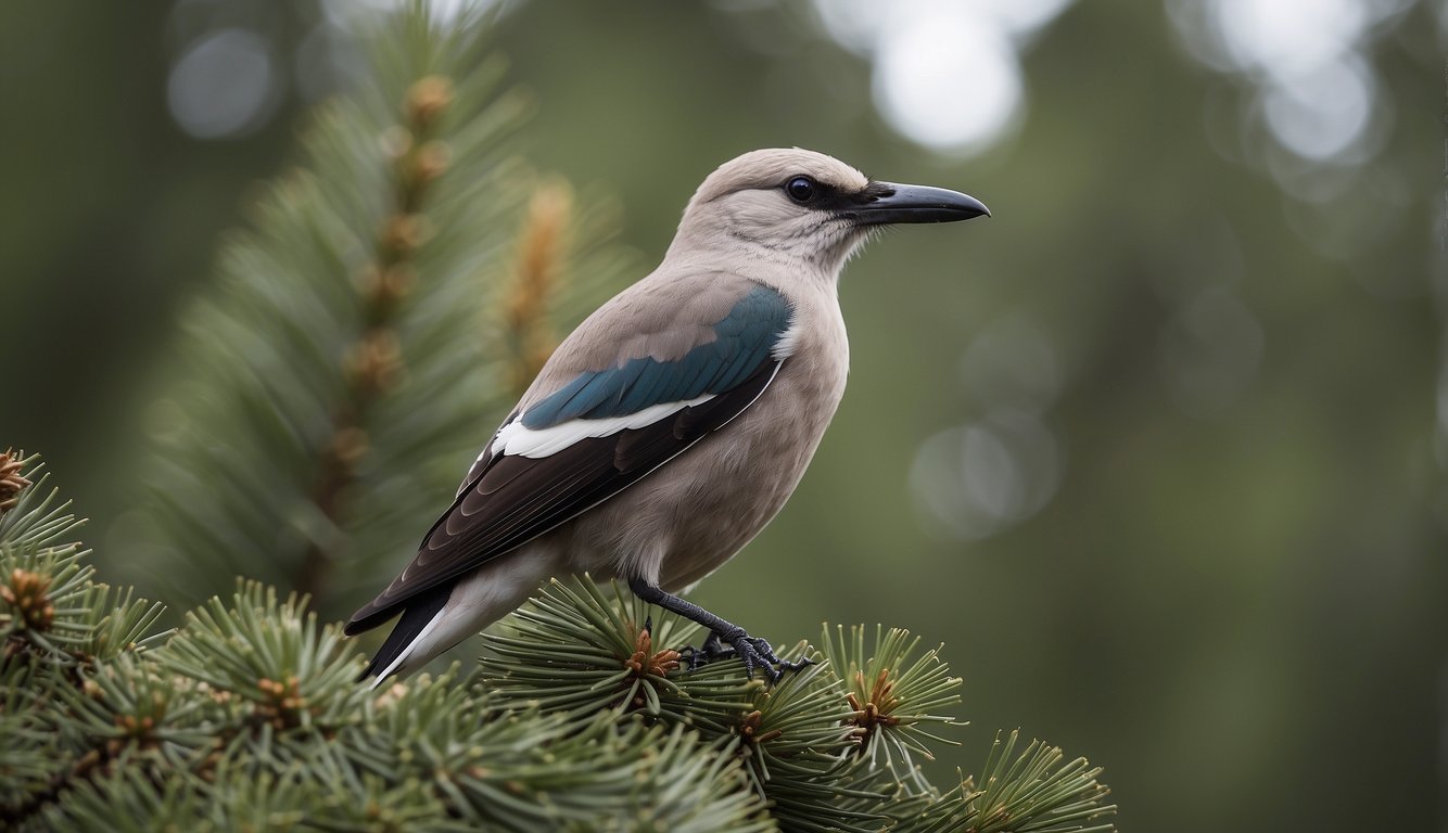 A Clark's nutcracker perched atop a pine tree, storing and retrieving seeds from its beak, surrounded by a diverse forest ecosystem