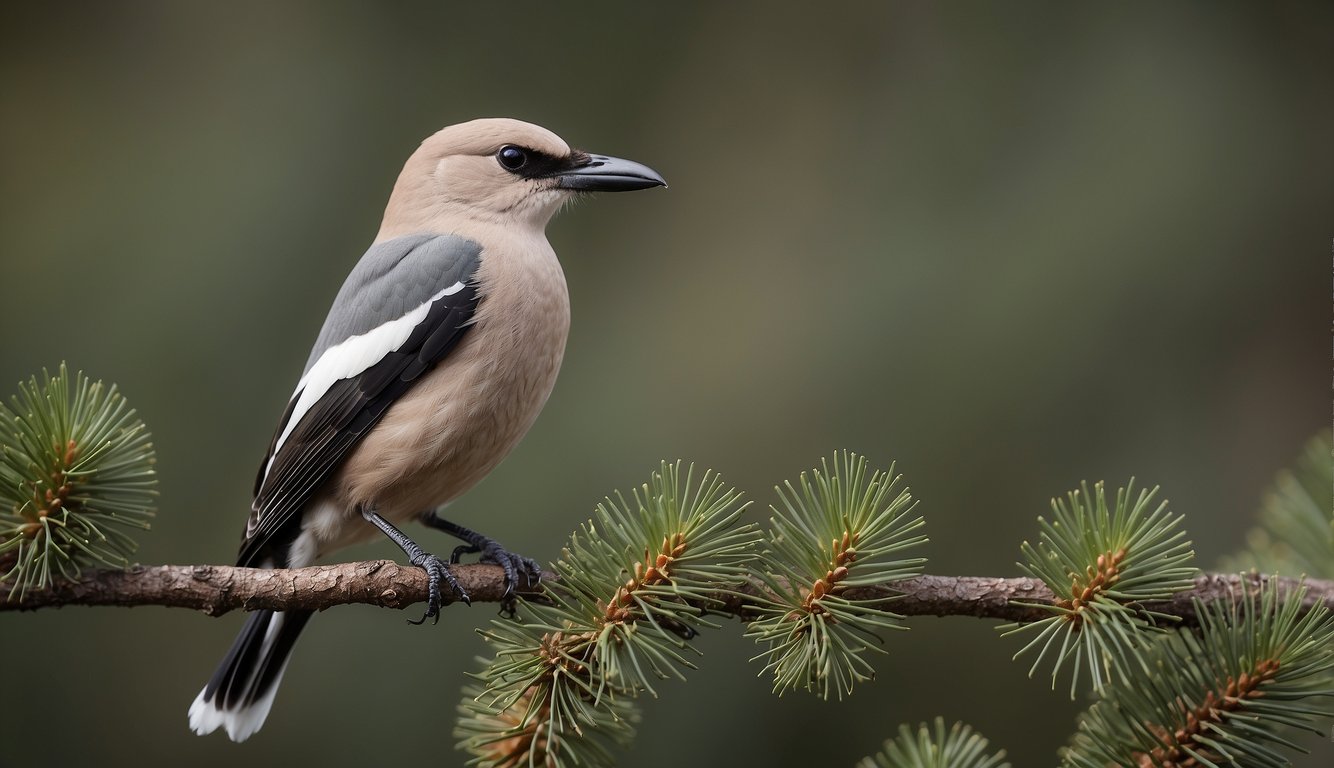 The Clark's Nutcracker perches on a pine branch, storing seeds in its expandable throat pouch.

The bird's sharp beak and distinctive markings are visible as it works