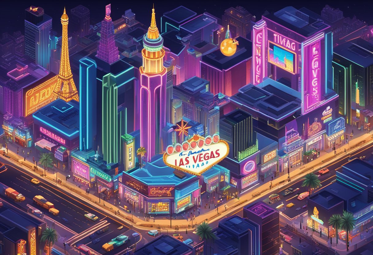 A neon-lit strip at night, with iconic Vegas signs and bustling crowds. The skyline glows with the vibrant energy of the city