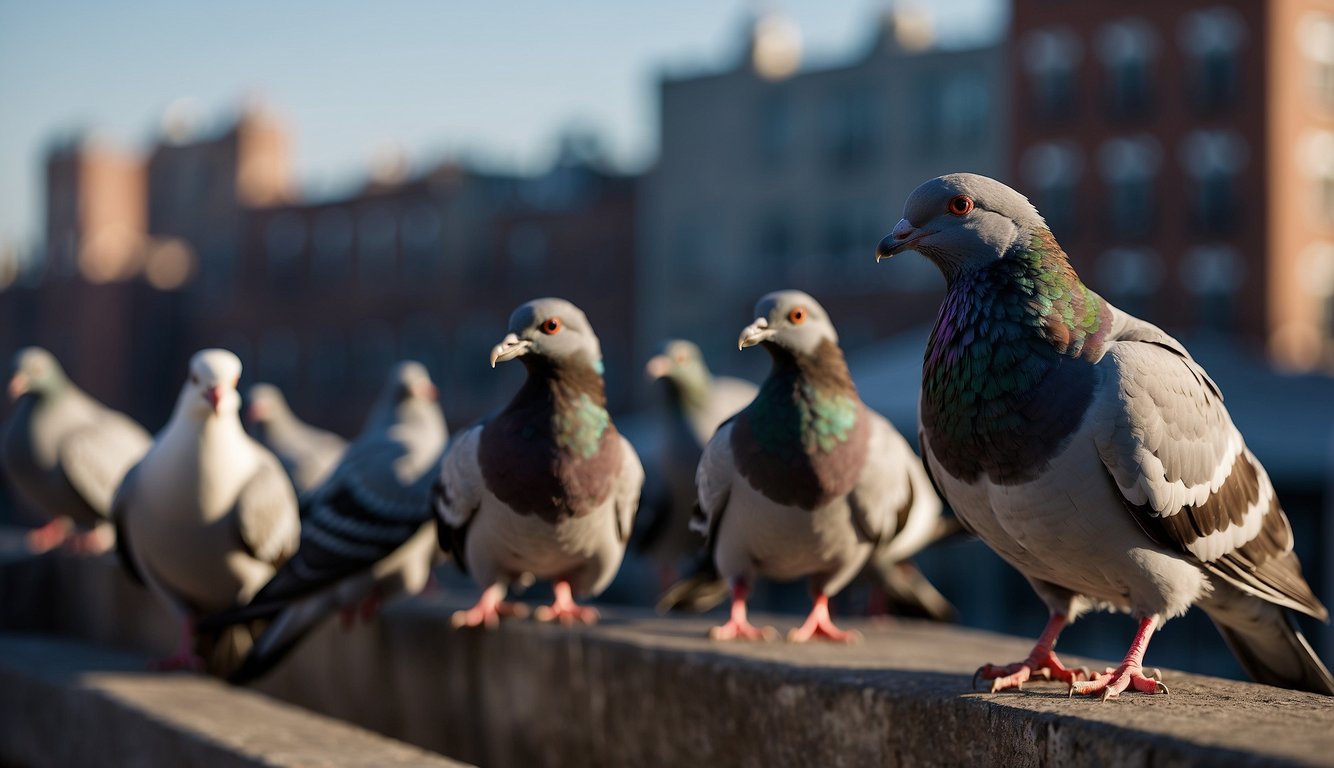 Urban Pigeons perched on city buildings, scavenging for food.

Adapting to urban life, with diverse plumage and behaviors