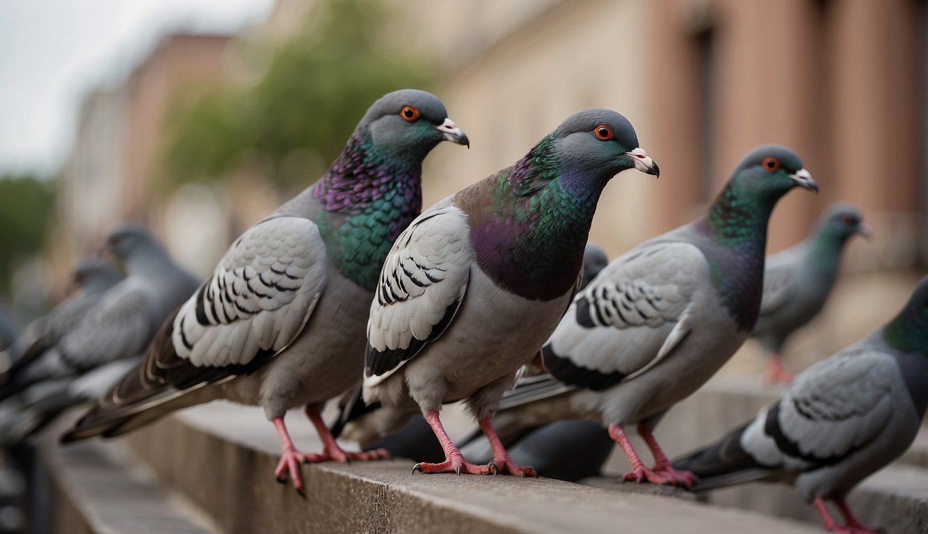 Rock pigeons perched on city buildings, scavenging for food in crowded streets, and roosting in urban nooks.

They adapt to city life, surviving amidst bustling human activity