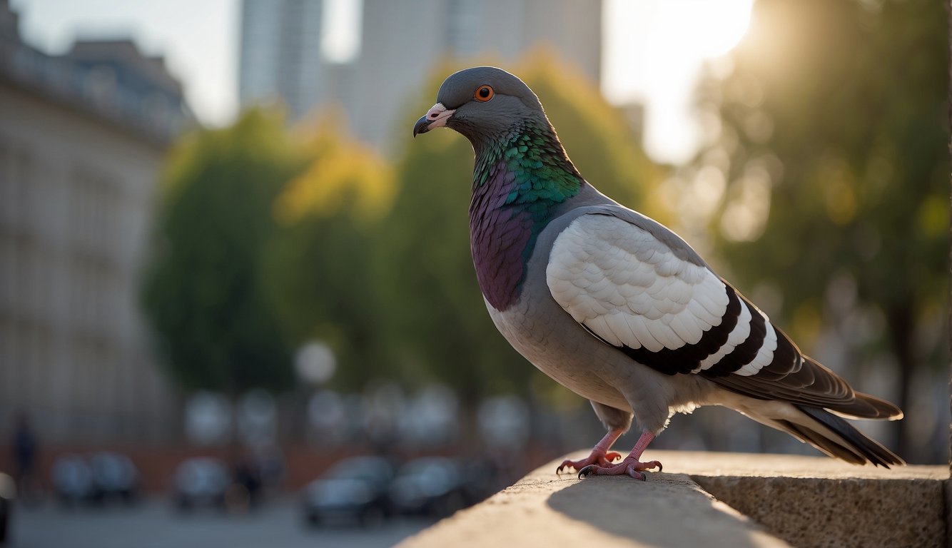 A rock pigeon perches on a city building ledge, pecking at scattered food scraps.

Nearby, another pigeon scavenges for seeds in a park