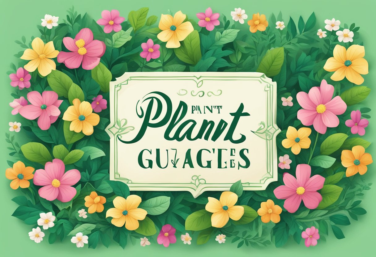 Lush green leaves surround a small signpost with words "plant quotes" in elegant script, nestled among colorful blossoms