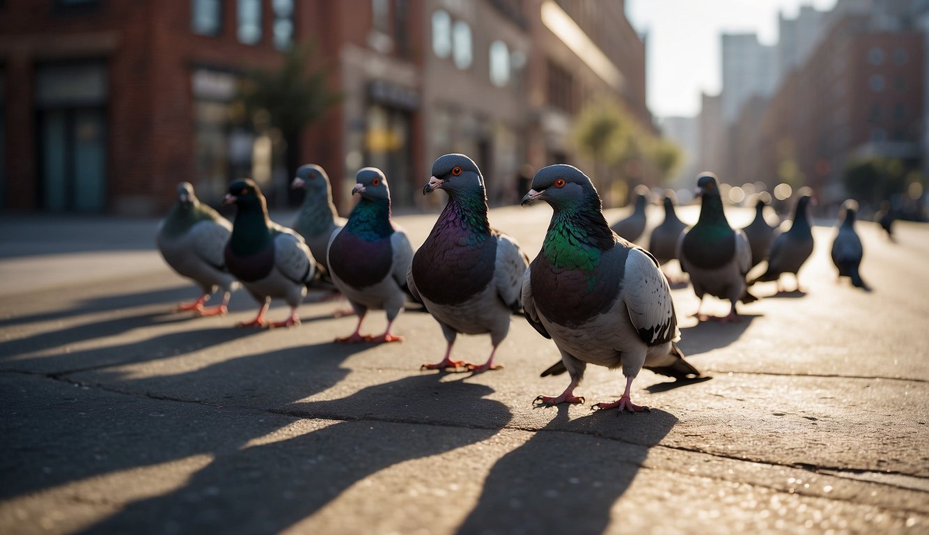 Rock pigeons perched on city buildings, scavenging for food amidst bustling streets and urban sprawl.

Their iridescent feathers glinting in the sunlight as they adapt to city life