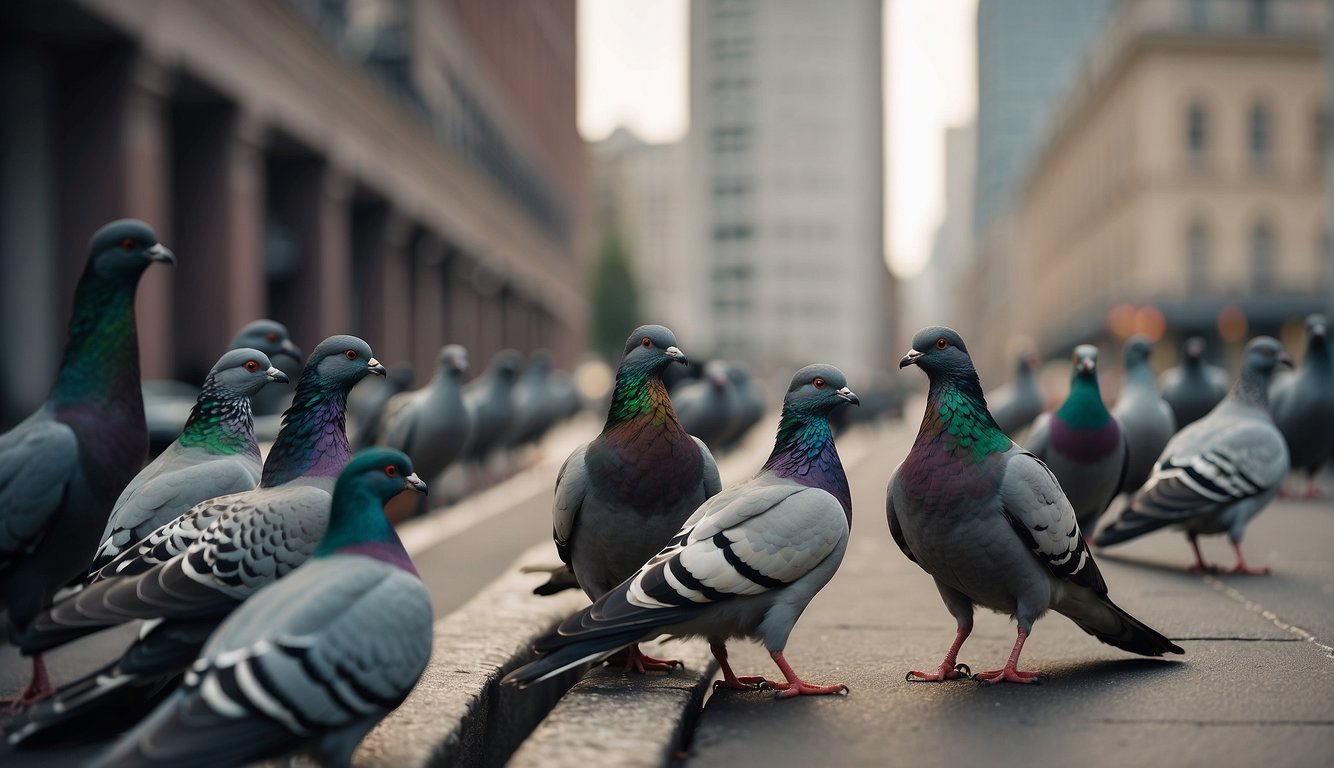 A flock of rock pigeons perched on city buildings, scavenging for food among urban structures and adapting to survive in the bustling environment