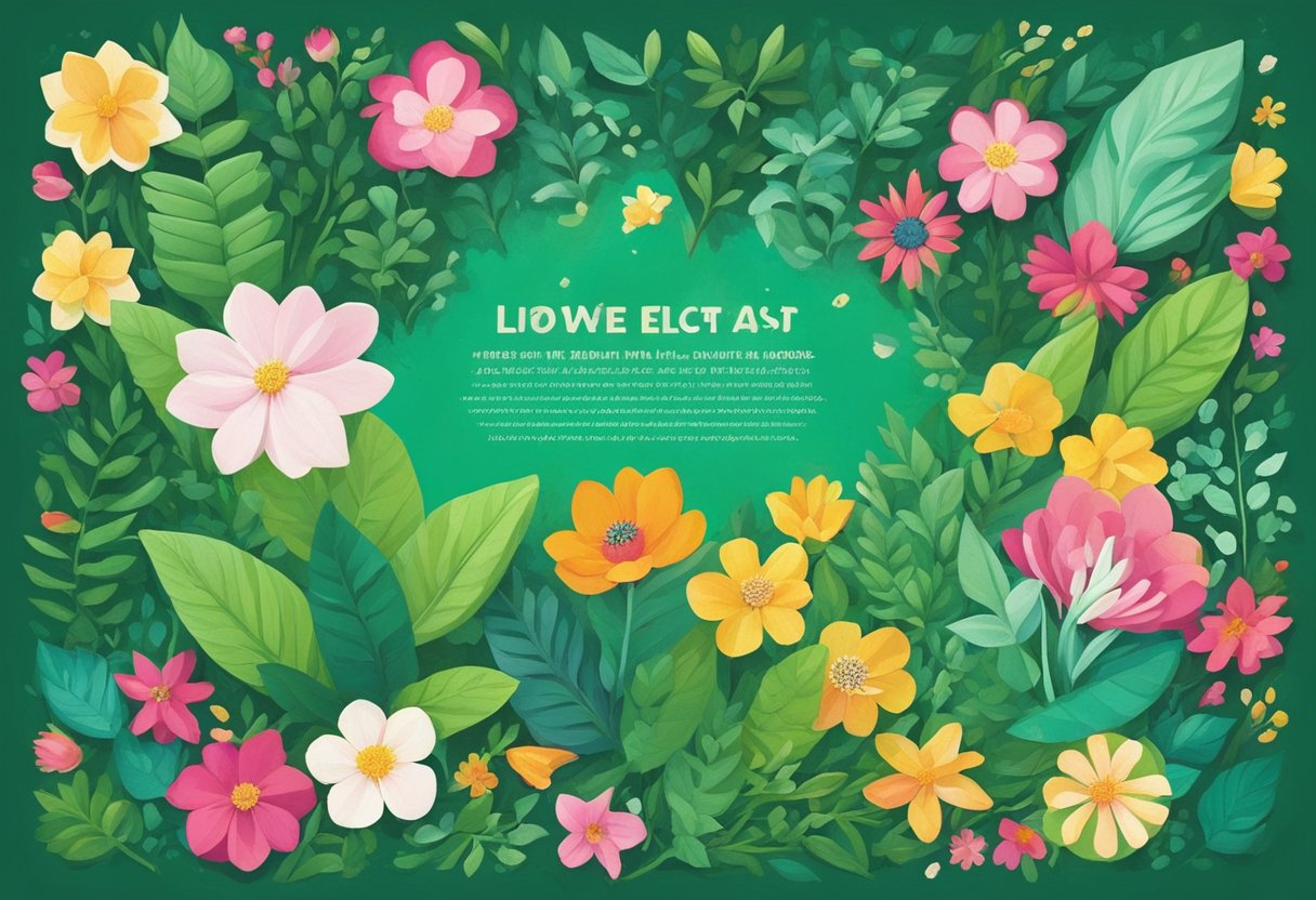 Lush greenery and colorful blooms fill the page, with quotes intertwined among the leaves and petals. The plants are depicted in various shapes and sizes, creating a vibrant and dynamic composition