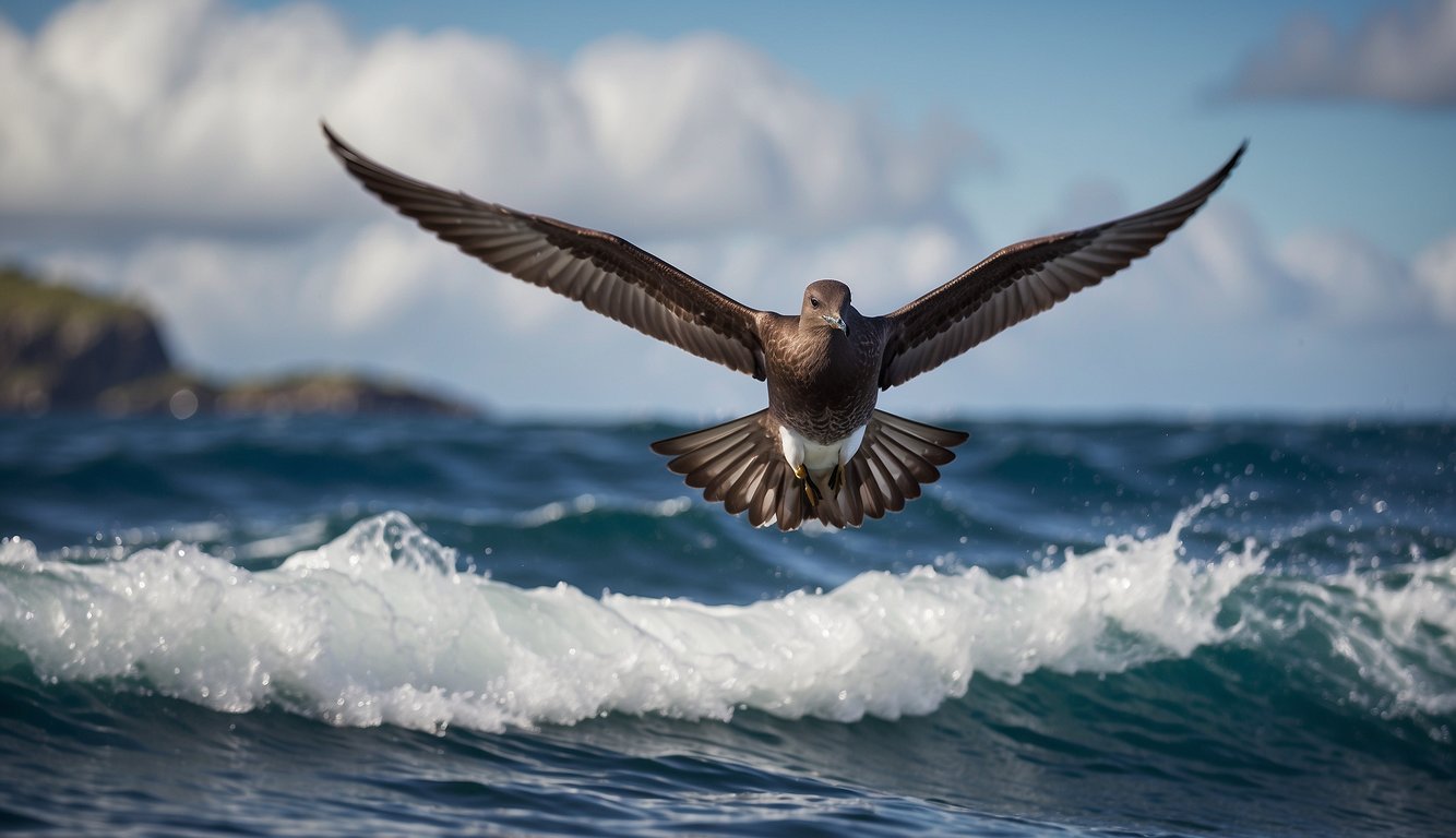 The Sooty Shearwater soars over vast ocean, flanked by swirling clouds and crashing waves, as it embarks on its epic global migration