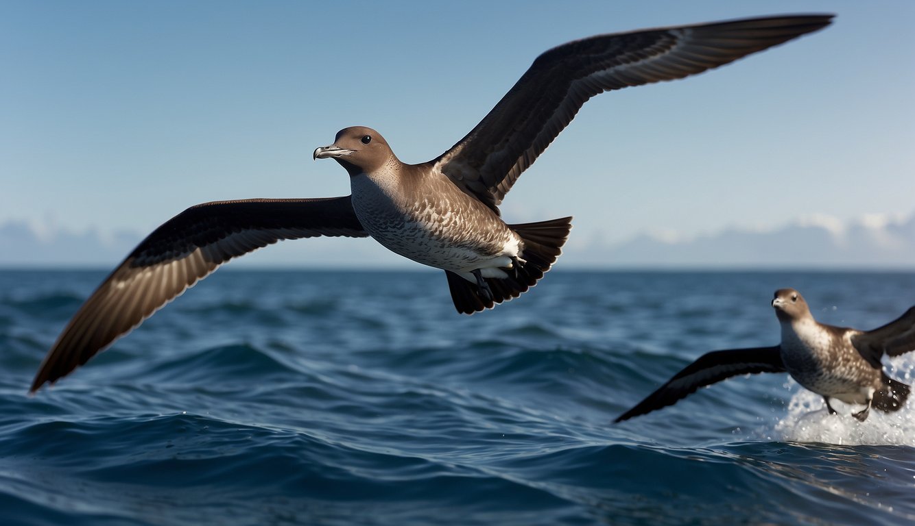 A flock of Sooty Shearwaters soar over a vast ocean, their wings outstretched as they embark on their remarkable global migration