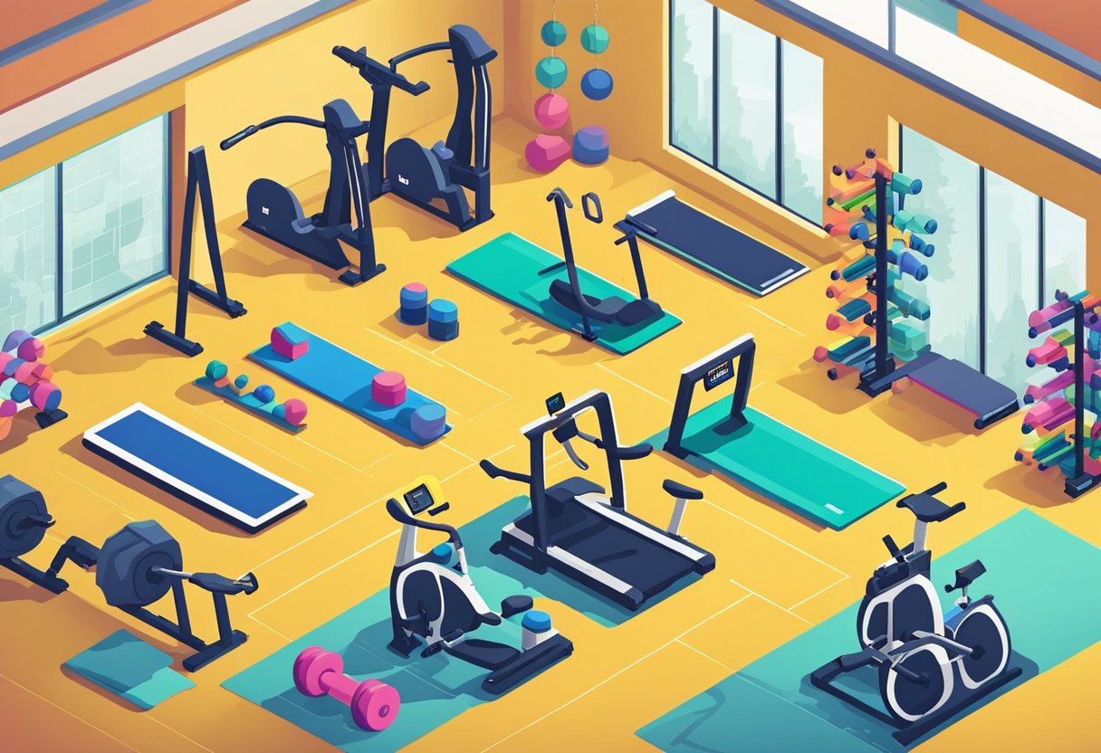 A colorful gym with weights, treadmills, and yoga mats. Speech bubbles with funny quotes like "Sweat is just fat crying" float above exercising equipment