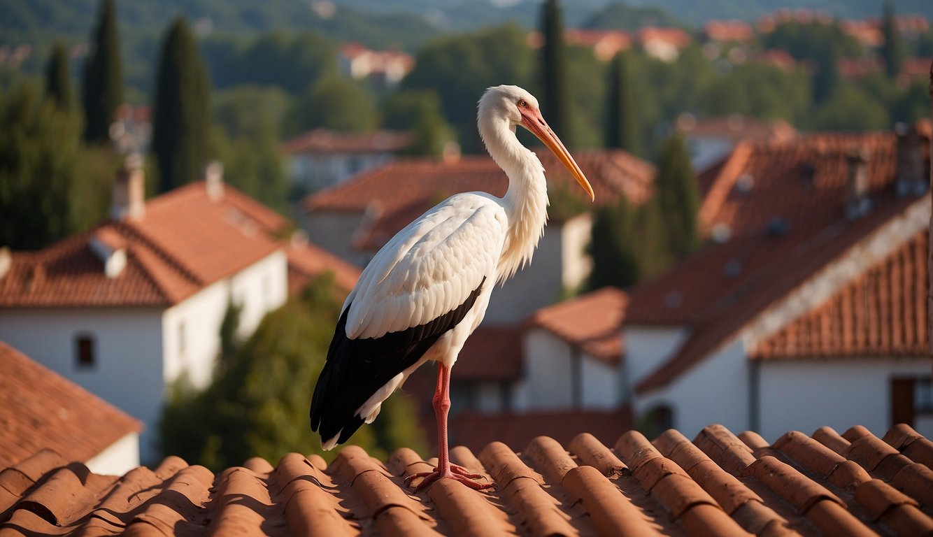 A white stork perches on a chimney of a traditional European house, with red-tiled roof and wooden shutters.

The stork's nest is visible on the rooftop