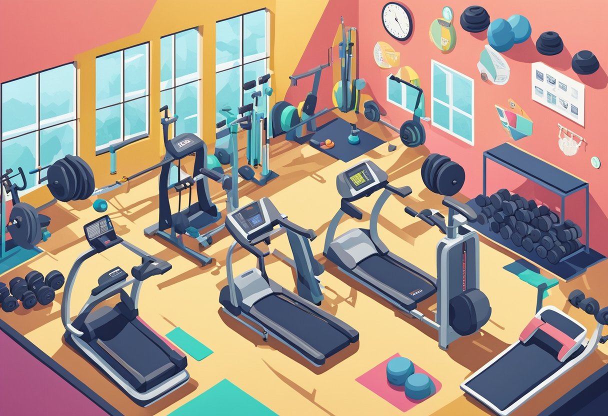 A cluttered gym with weights, treadmills, and exercise balls. A whiteboard on the wall lists funny quotes about fitness and working out