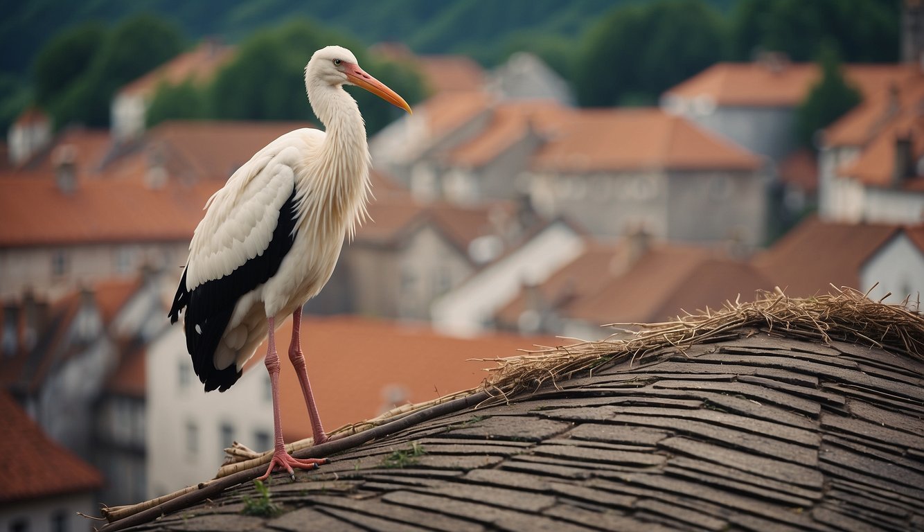 A white stork perched on a thatched roof, surrounded by old buildings and cobblestone streets