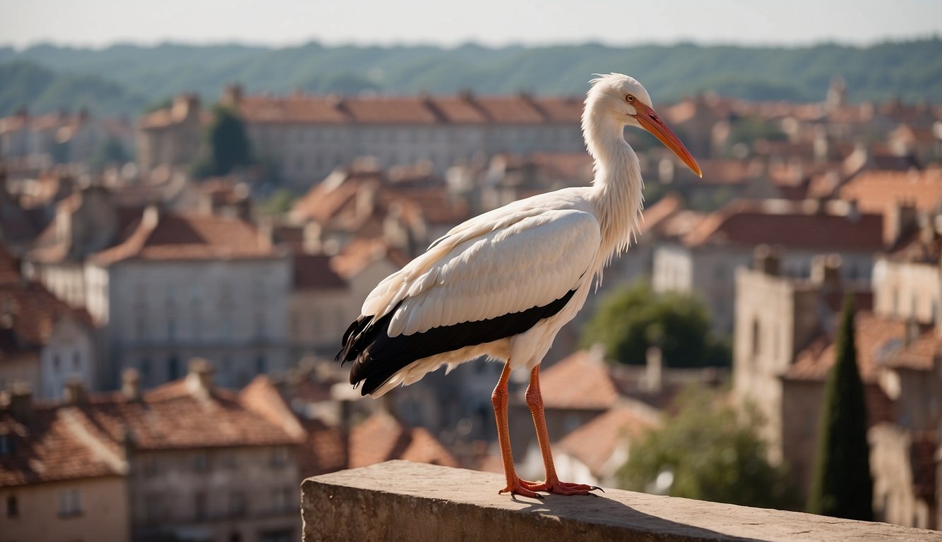 A white stork perched on a rooftop, surrounded by old buildings and chimneys, overlooking a bustling town square