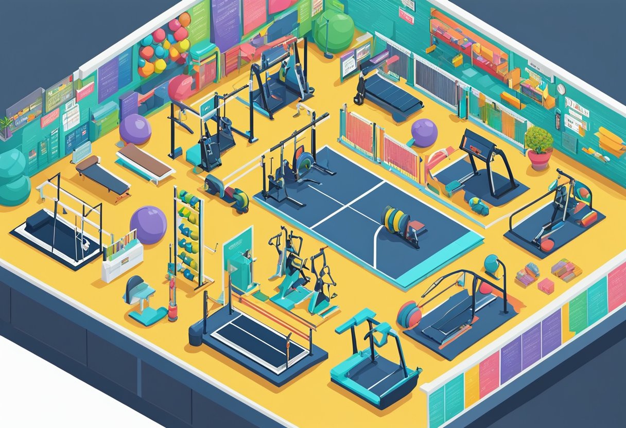 A colorful gym with various exercise equipment and a bulletin board displaying funny quotes 76-100