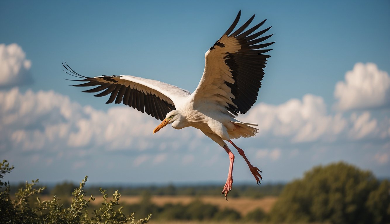 A lone white stork soars gracefully over a picturesque landscape, its wings outstretched as it navigates the vast expanse of sky during its annual migration