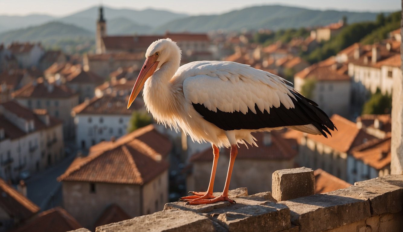The white stork perched on a rustic chimney, surrounded by old buildings and tiled roofs.

The stork's nest sits atop the chimney, overlooking the historical town