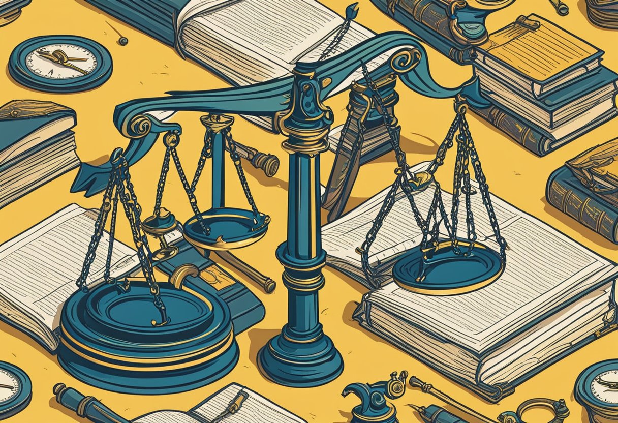 A scale with a gavel, representing justice. A blindfolded lady justice statue stands in the background. Books of law and a quill pen are scattered around