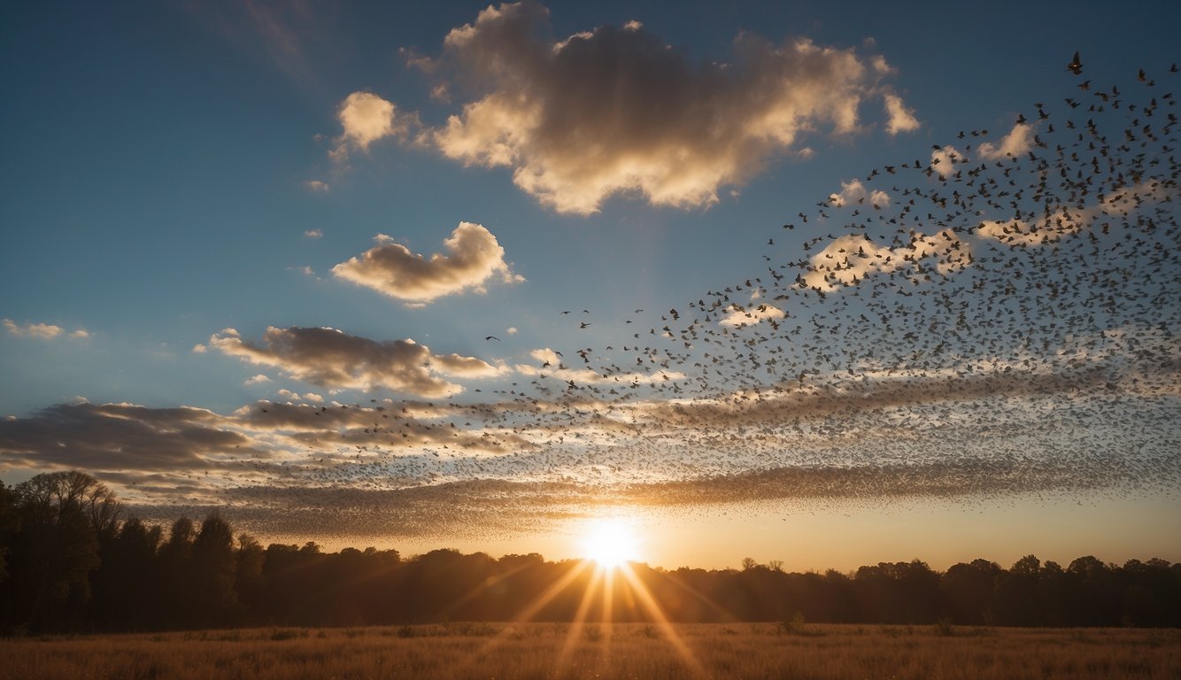 A flock of passenger pigeons fills the sky, their iridescent feathers shimmering in the sunlight as they fly in unison, creating a breathtaking spectacle
