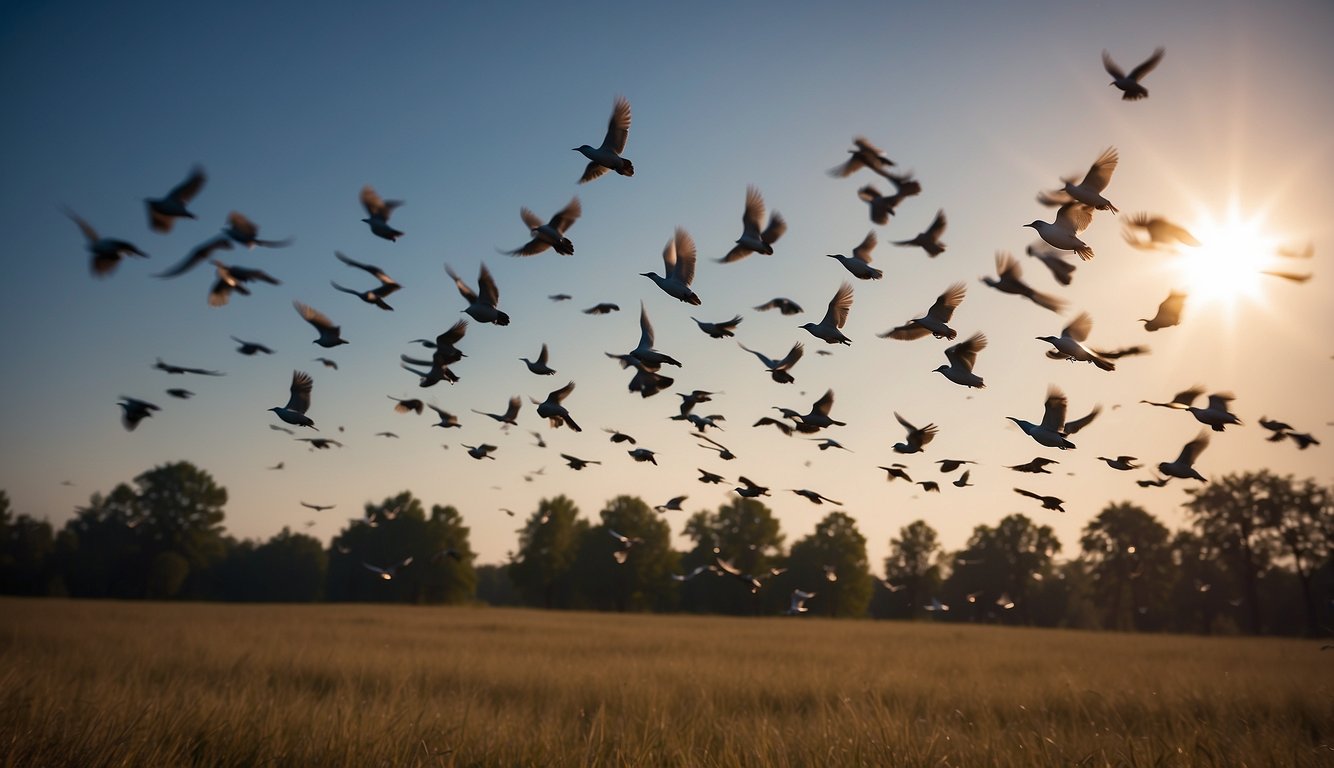 A flock of passenger pigeons fills the sky, their iridescent feathers catching the sunlight as they fly in synchronized patterns
